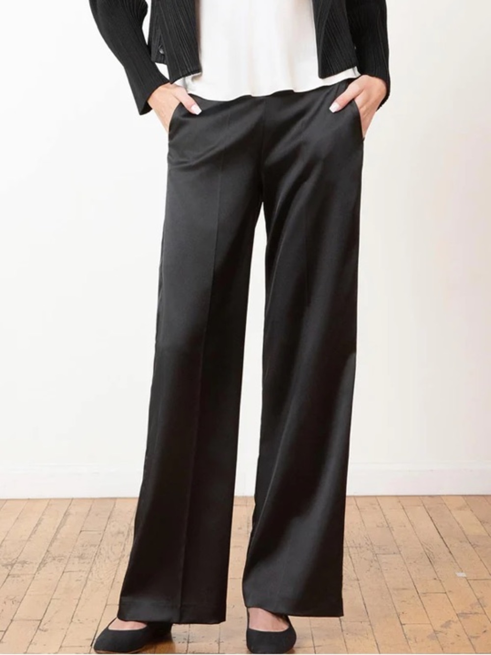 Avenue Montaigne Carla Wide-Leg Satin Black Pants - Women size 8
